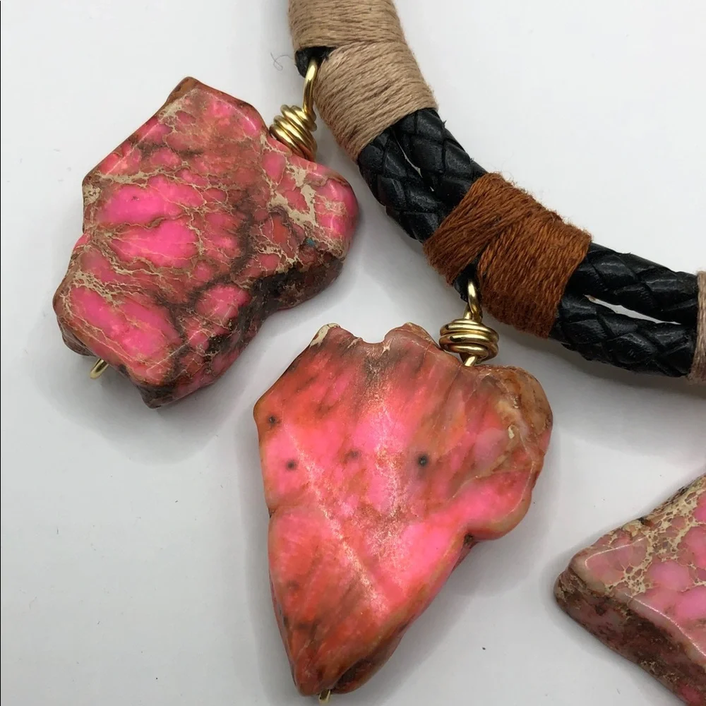 Handmade upcycled pink jasper stone statement style necklace boho festival.